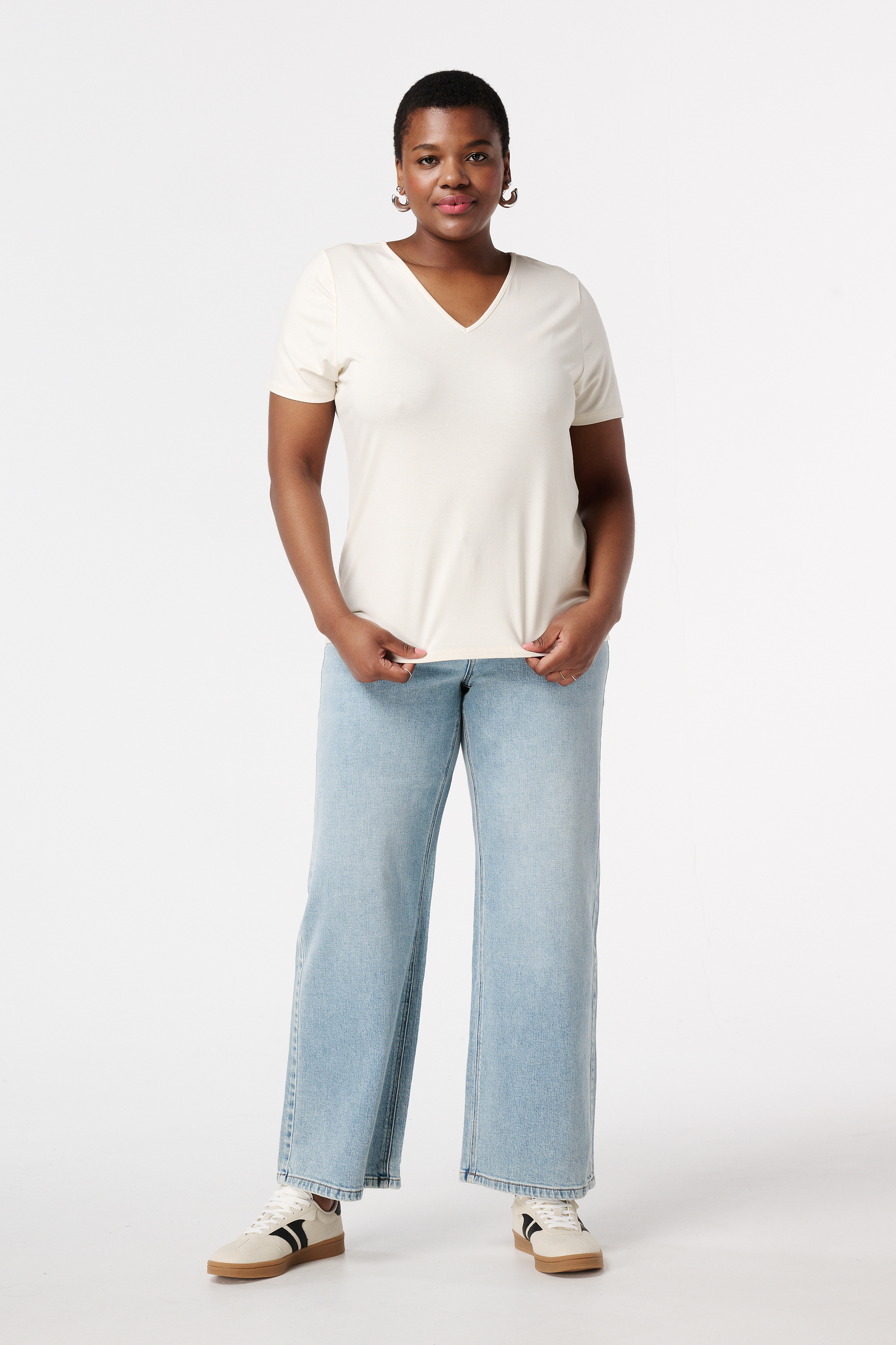 T-shirt met V-hals Cream