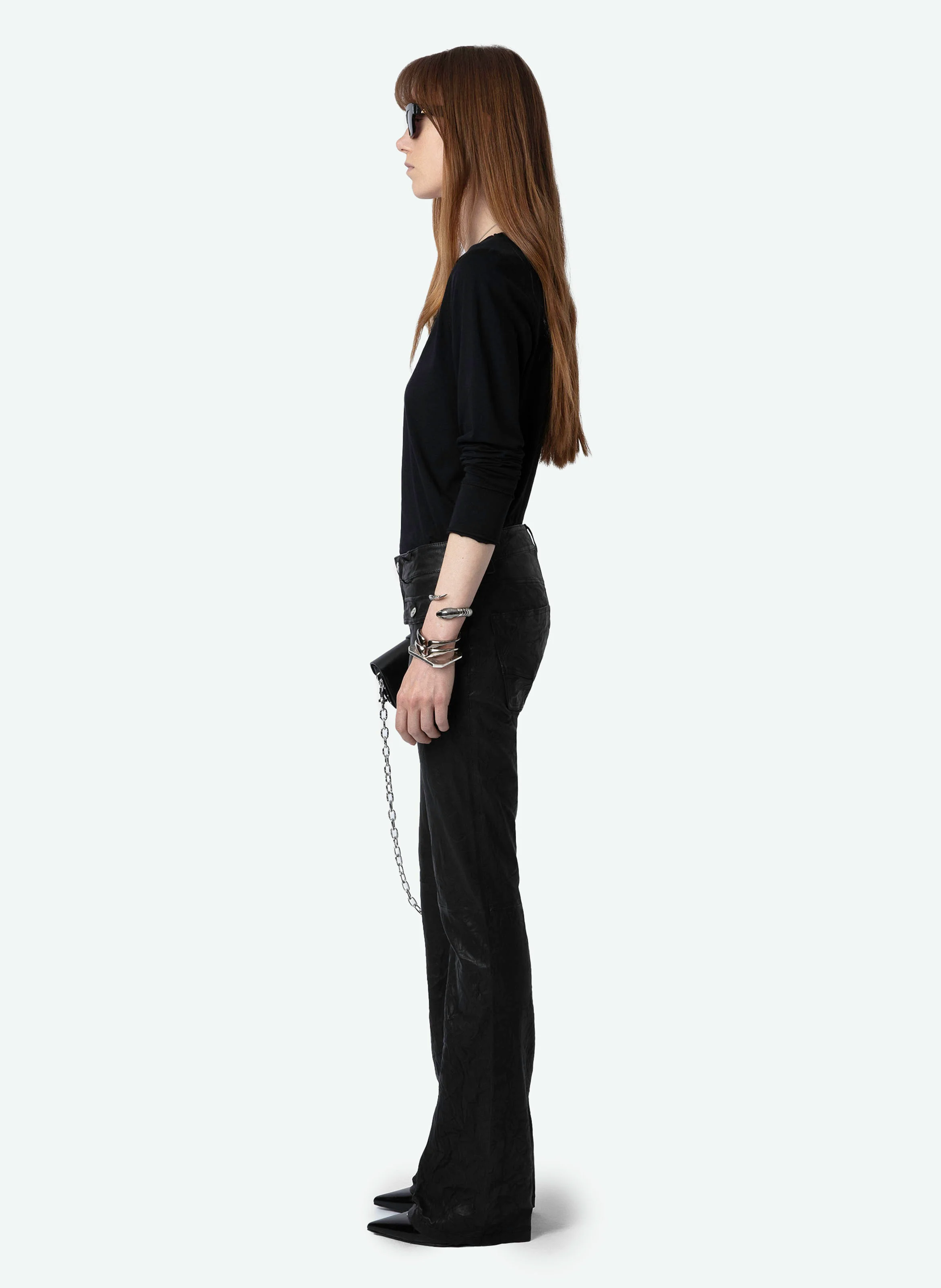 Pantalon droit taille normale en cuir | Noir