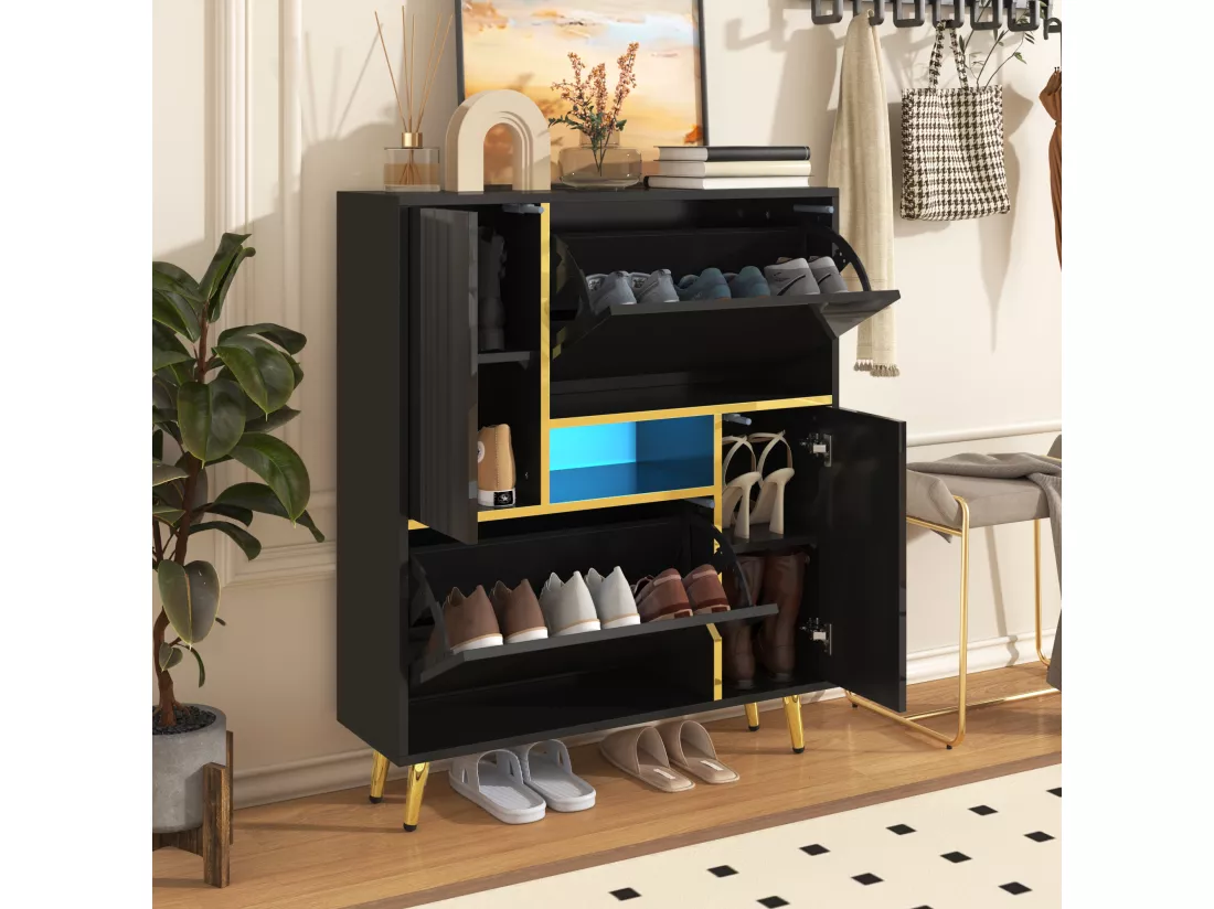 Meuble à chaussures avec façade brillante - 80 x 25 x 96 cm - LEDs - Panneaux de particules - Noir