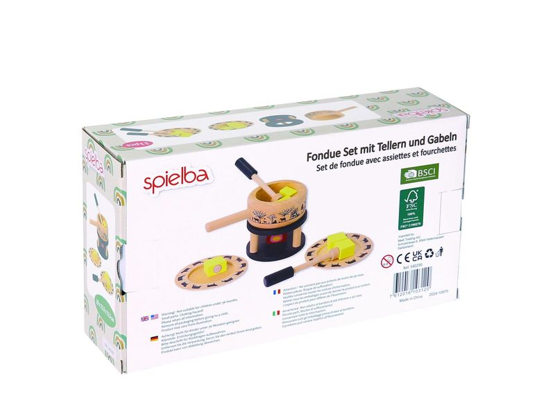 Spielba Holzspielwaren Fondue Set mit Teller und Gabel Hochwertiges Fondue-Set