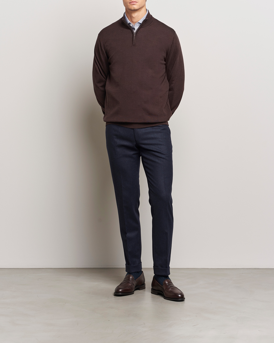 Charles Tyrwhitt Pure Merino Zip Neck Jumper Chocolate Brown