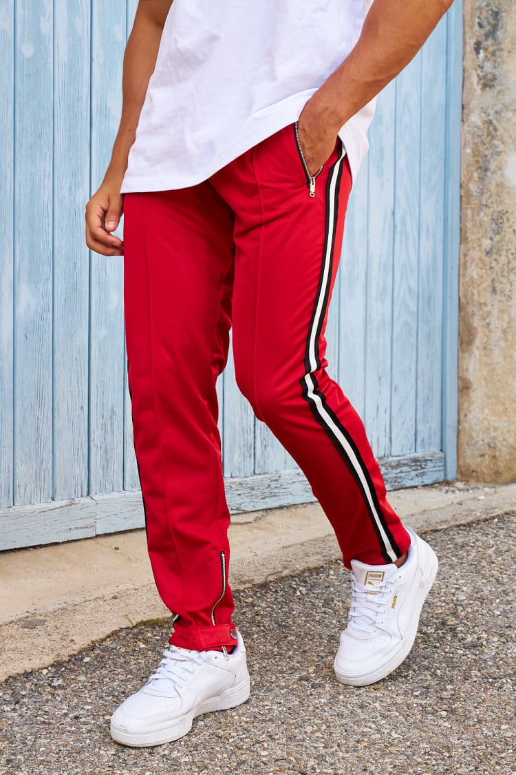 Jogging bandes latérales fermetures éclair rouge