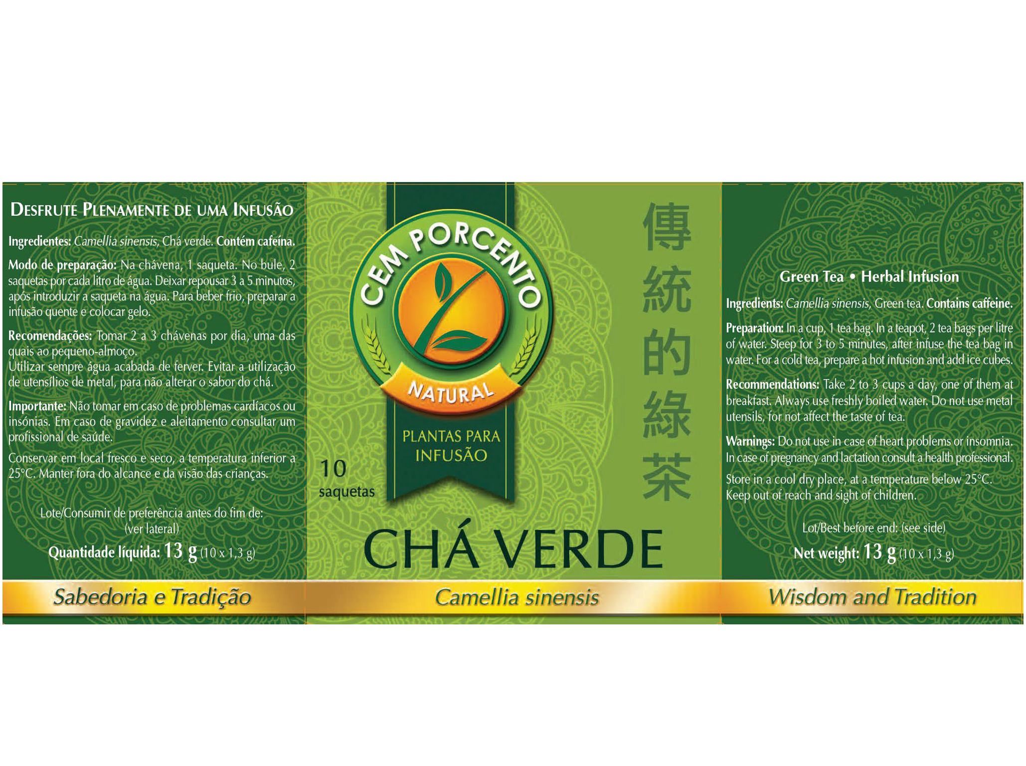 CHÁ CEM PORCENTO VERDE 10 SAQUETAS