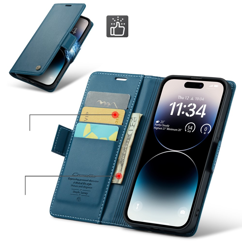 iPhone 14 Pro Leder Tasche Flip Wallet Etui mit Kartenfächern Litchi Look (RFID Schutz) - Blaugrün
