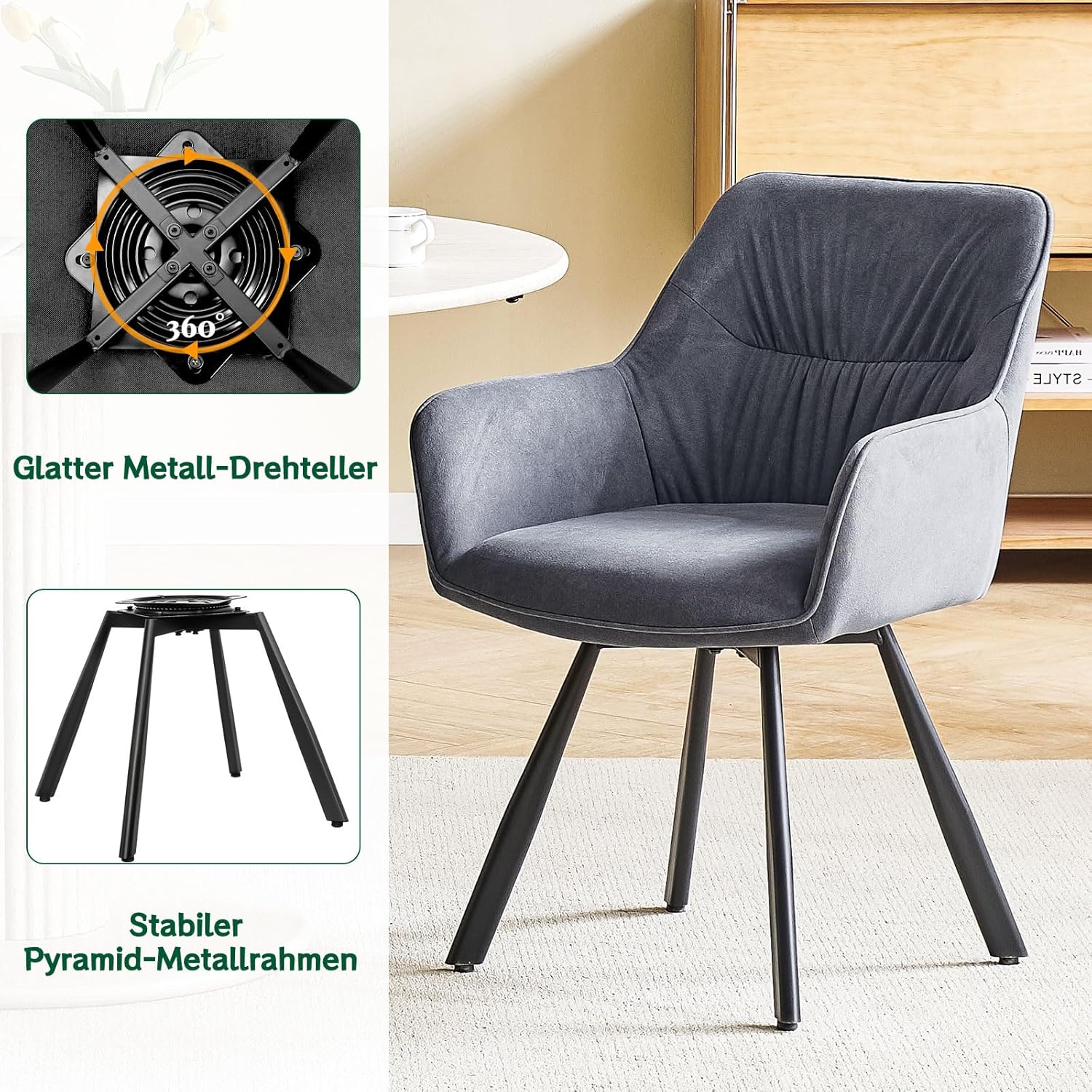 Esszimmerstuhl 4er Set drehbar, Armlehnstuhl drehbar 360°,Moderner Polsterstuhl Stuhl Samt, Stühle für Esszimmer,Küchenstuhl für Wohnzimmer, Arbeitszimmer,Schlafzimmer,Grau