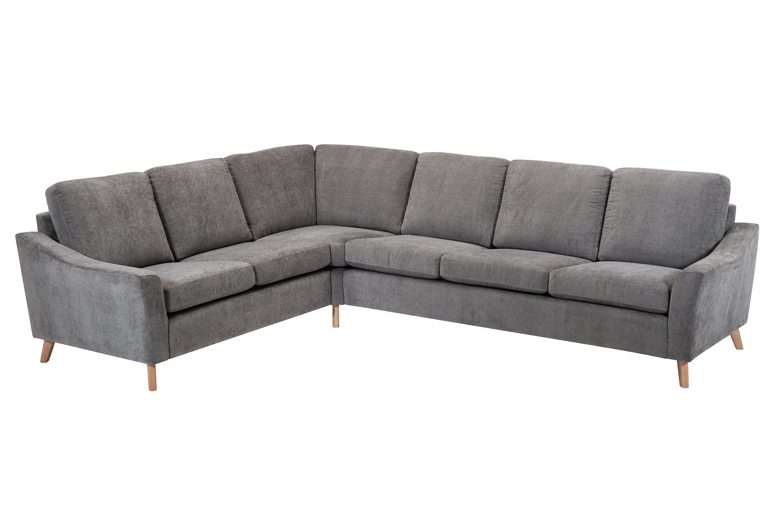 Lona sofa 23 hjørnesofa (232). I tekstil Meadow 3174 Dark Grey, 60 cm brede seter, arm 1 og 2M9M ben hvitoljet eik. SA rygg skum
