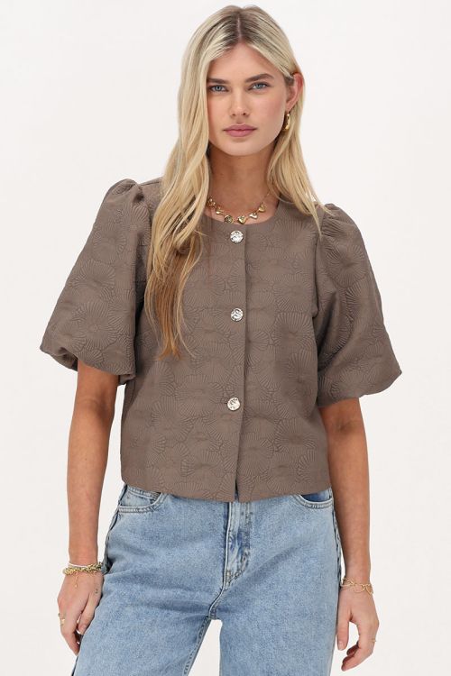 Bruine jacquard top met pofmouwen