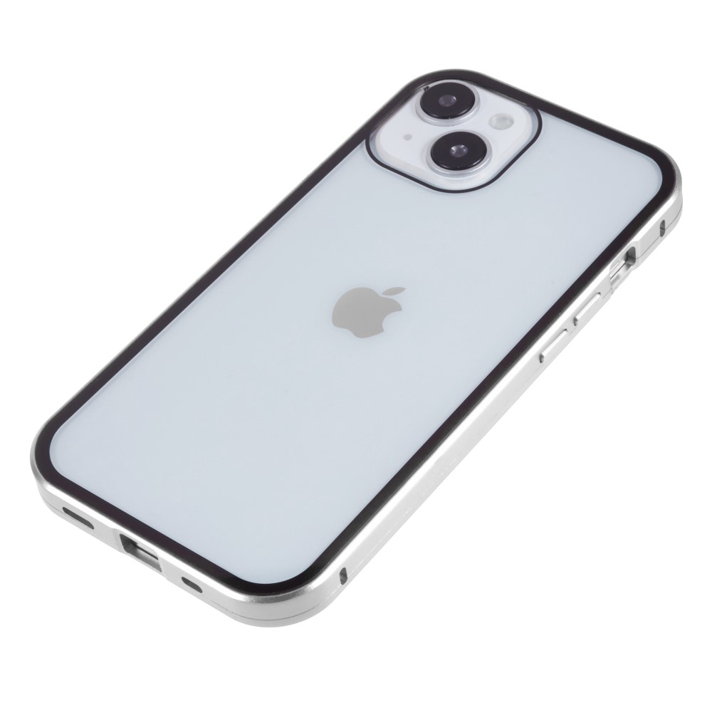 iPhone 14 Magnetische Alu Schutzhülle mit Panzer Glas Backcover   Privacy Glas Displayschutz (Magnet-Technologie) - Silber