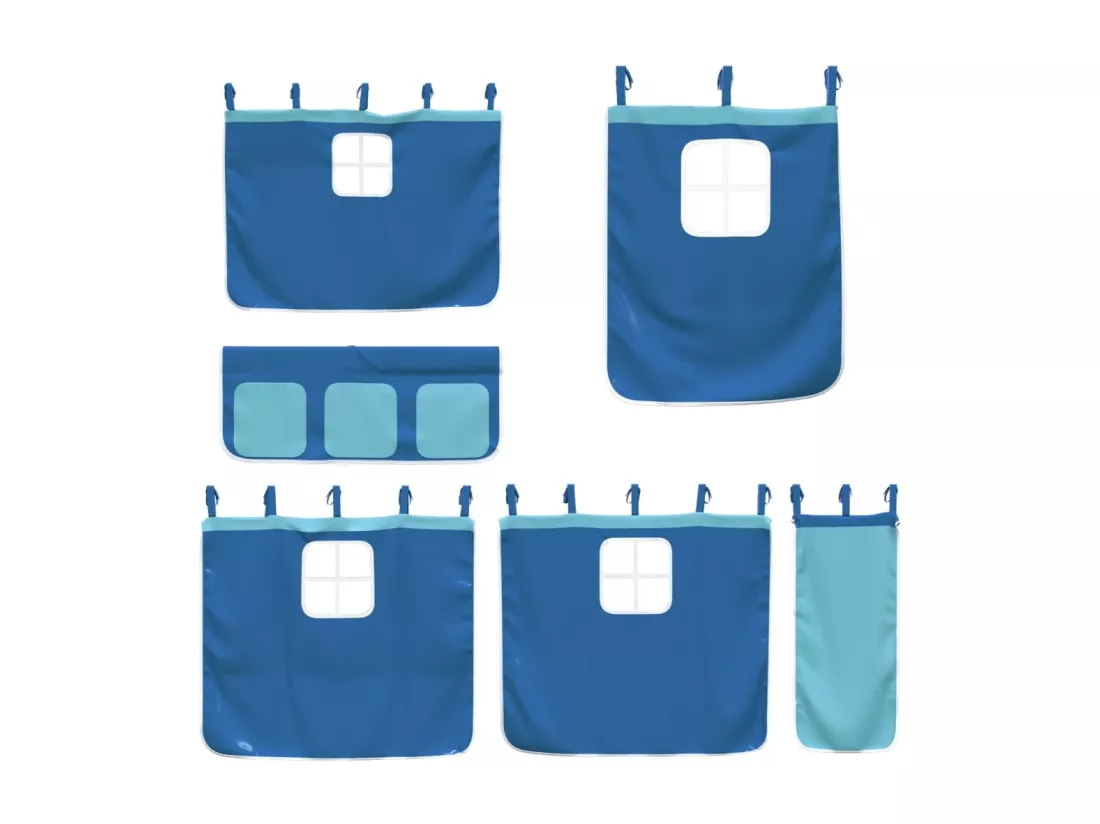 Lit mezzanine enfants et rideaux bleu 90x200cm bois pin massif