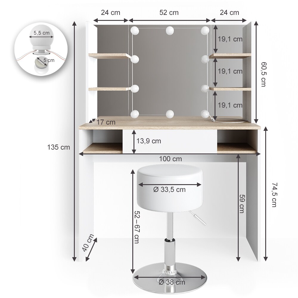 Vicco LED Schminktisch DAENERYS Weiß-Sonoma Frisiertisch Frisierkommode Spiegel Hocker