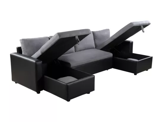 Canapé d'Angle Panoramique 6 Places Maria Convertible en simili et microfibre - Gris/Noir - L295 x P146 x H81cm - Loungitude