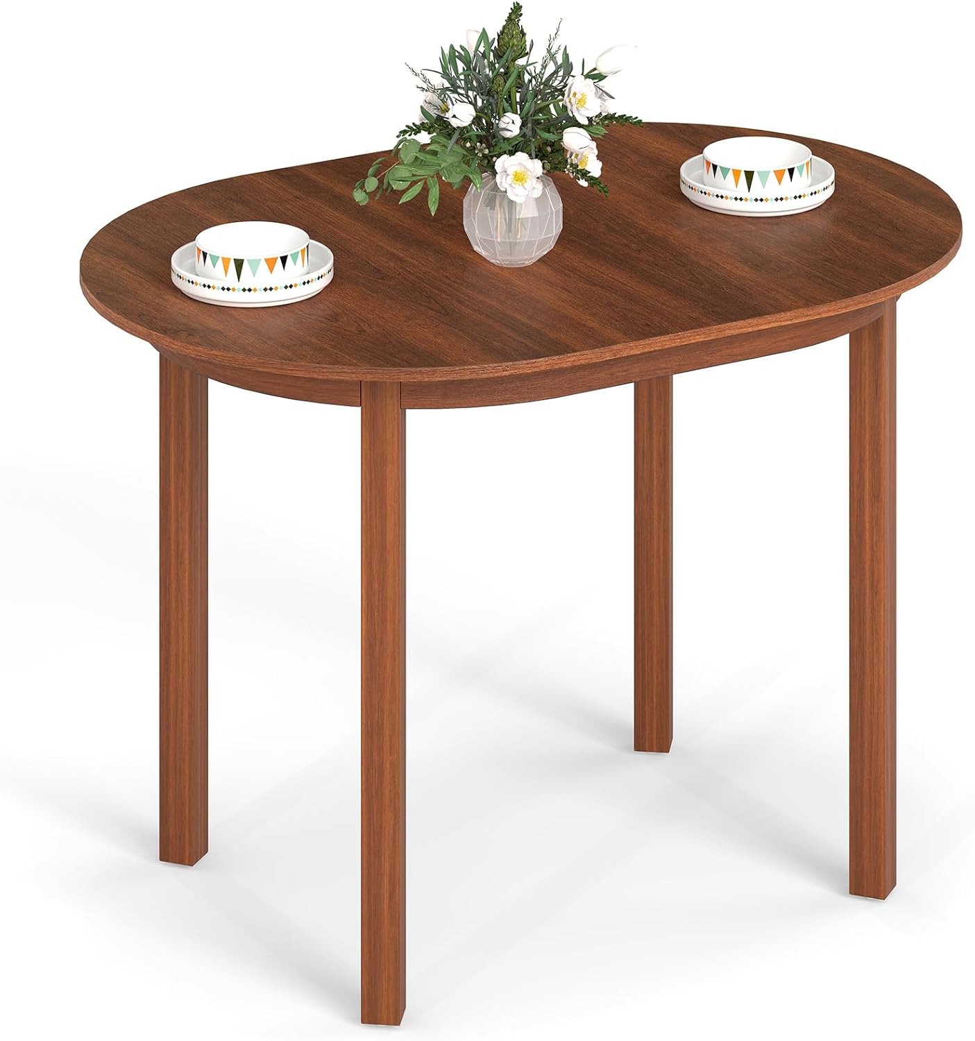 COSTWAY Esstisch, ovaler Esszimmertisch aus Holz für 2-4 Personen, Küchentisch mit 4 Gummibaumholzbeinen, Holztisch für kleine Wohnungen, Küche und Esszimmer, Walnuss