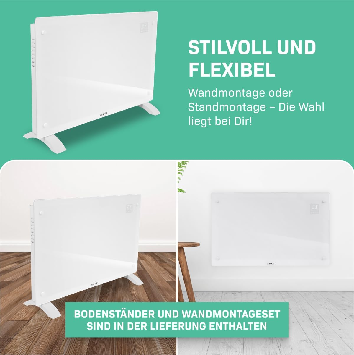 VONROC Elektroheizung energiesparend 2000W - Konvektor Heizung [24qm Räume] - Mobile Elektrische Heizung [App/Touch Steuerung] - Heizkörper 2in1 Wand-/Bodenmontage - Weiss
