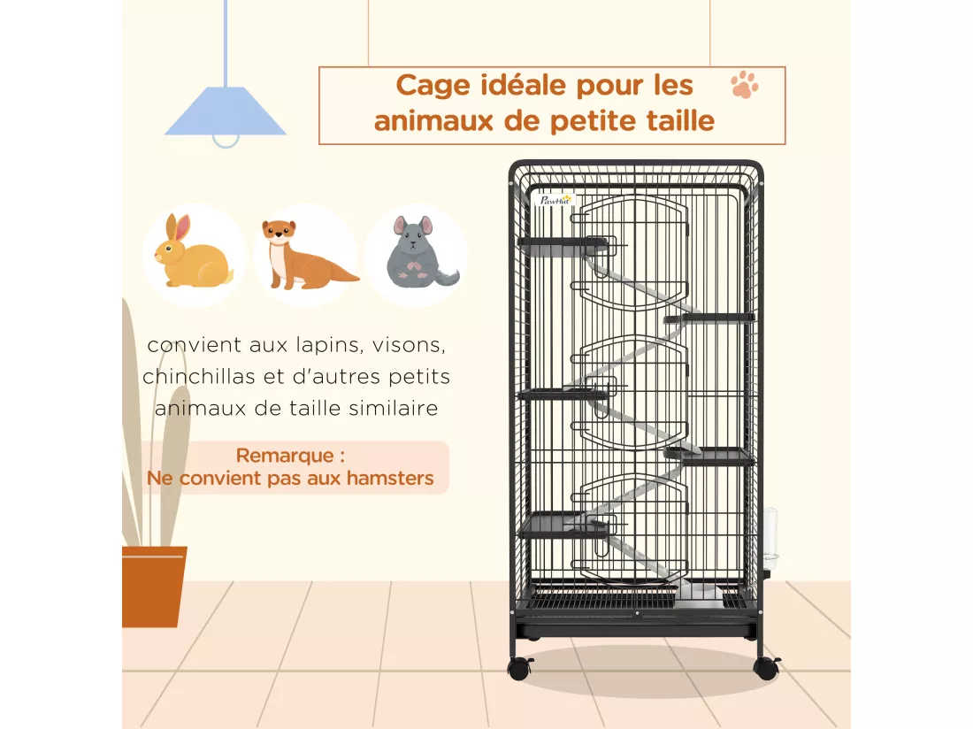 Cage pour petits animaux roulante 5 rampes 5 plateformes gamelle distributeur eau plateau amovible métal PP noir