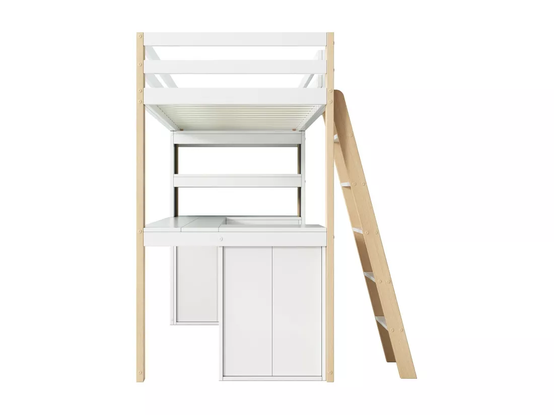 Lit mezzanine avec bureau - 90 x 200 cm - 6 grand tiroir - clôture et escalier - bois massif et MDF - Blanc