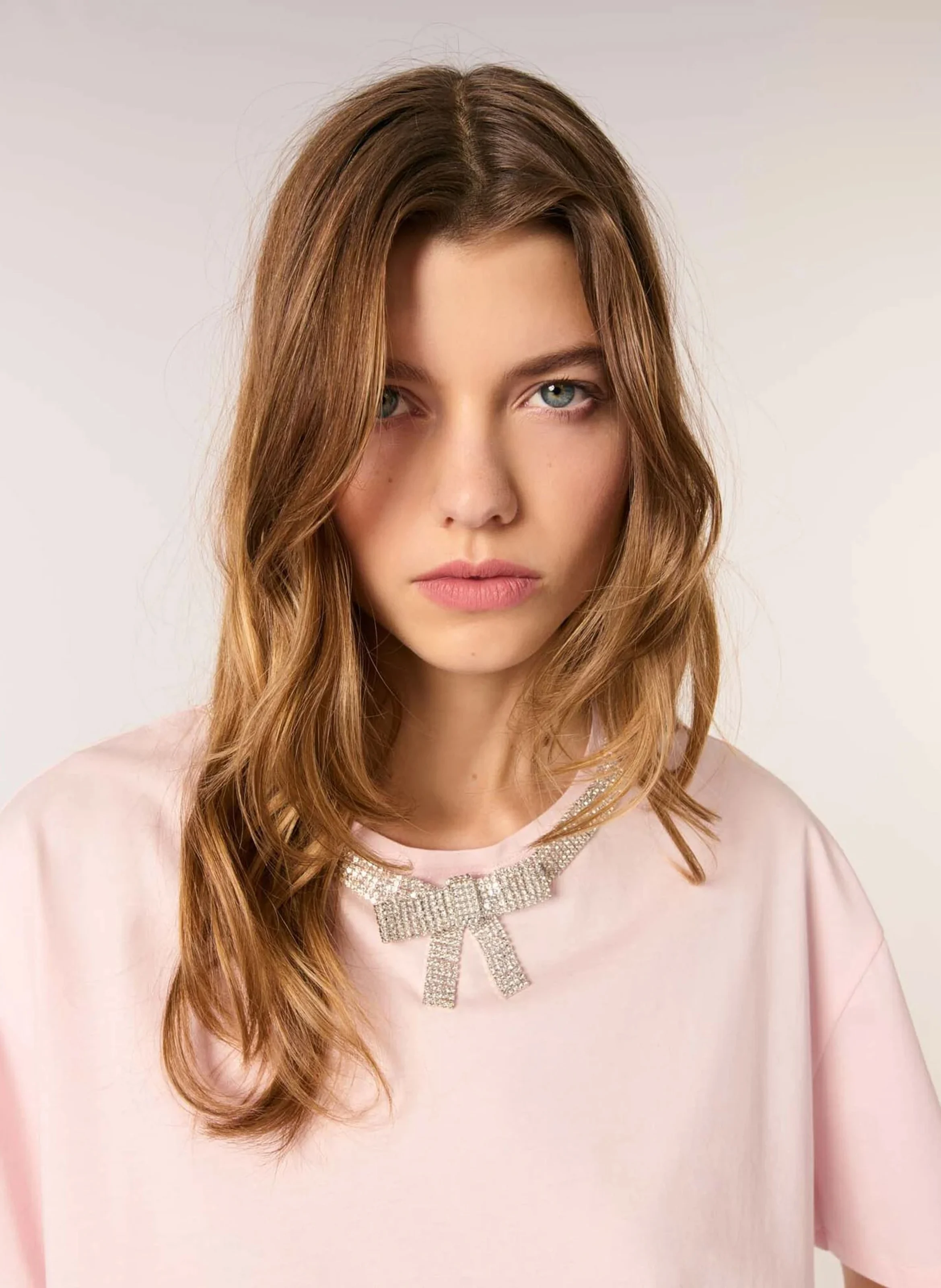 Tee-shirt court à détails strass en coton | Rose