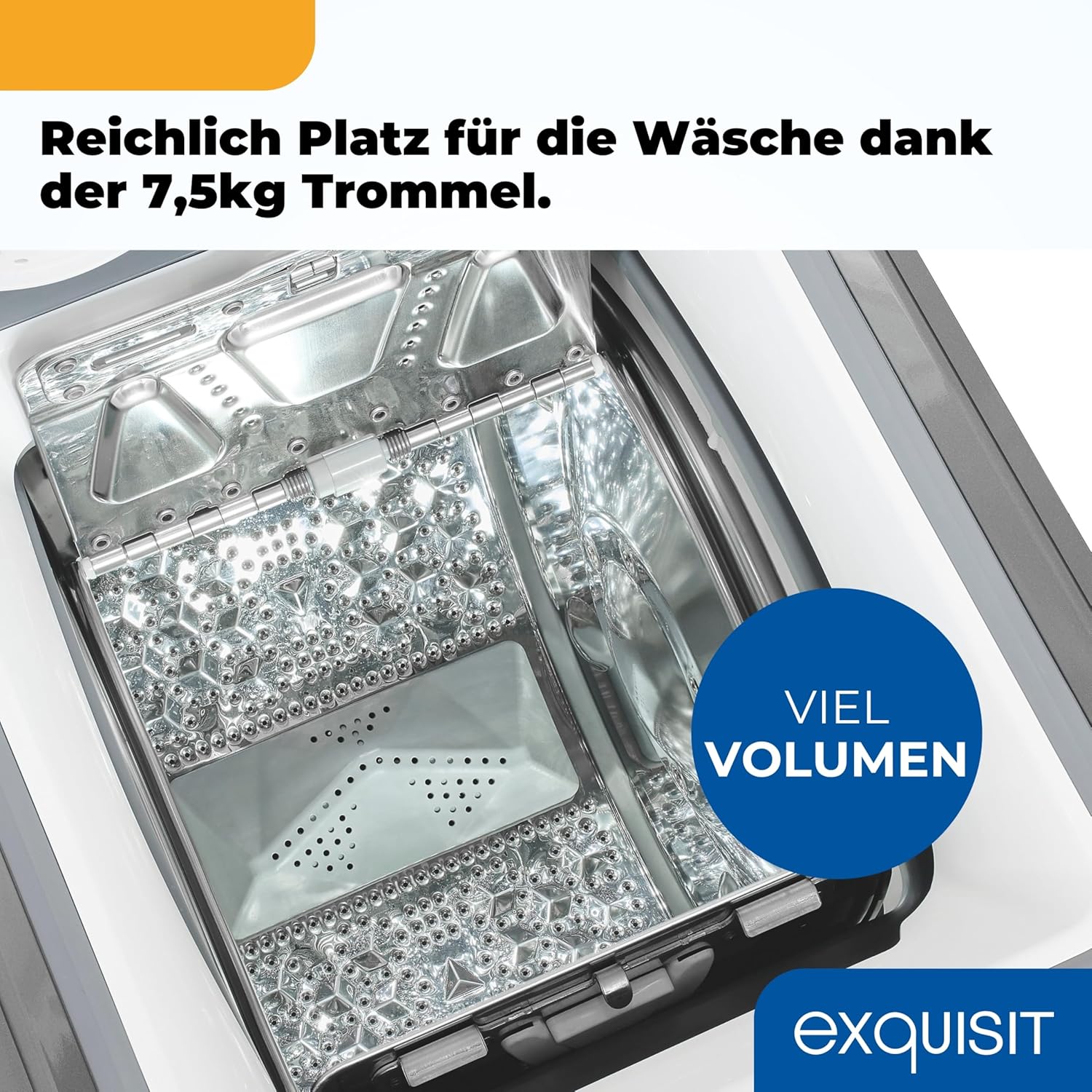 Exquisit Waschmaschine 7,5kg, Toplader, Waschmaschine schmal, Energieklasse A, 1200 U/Min, Startzeitvorwahl, Kurzprogramm, LTO51207-030A silber-dunkel