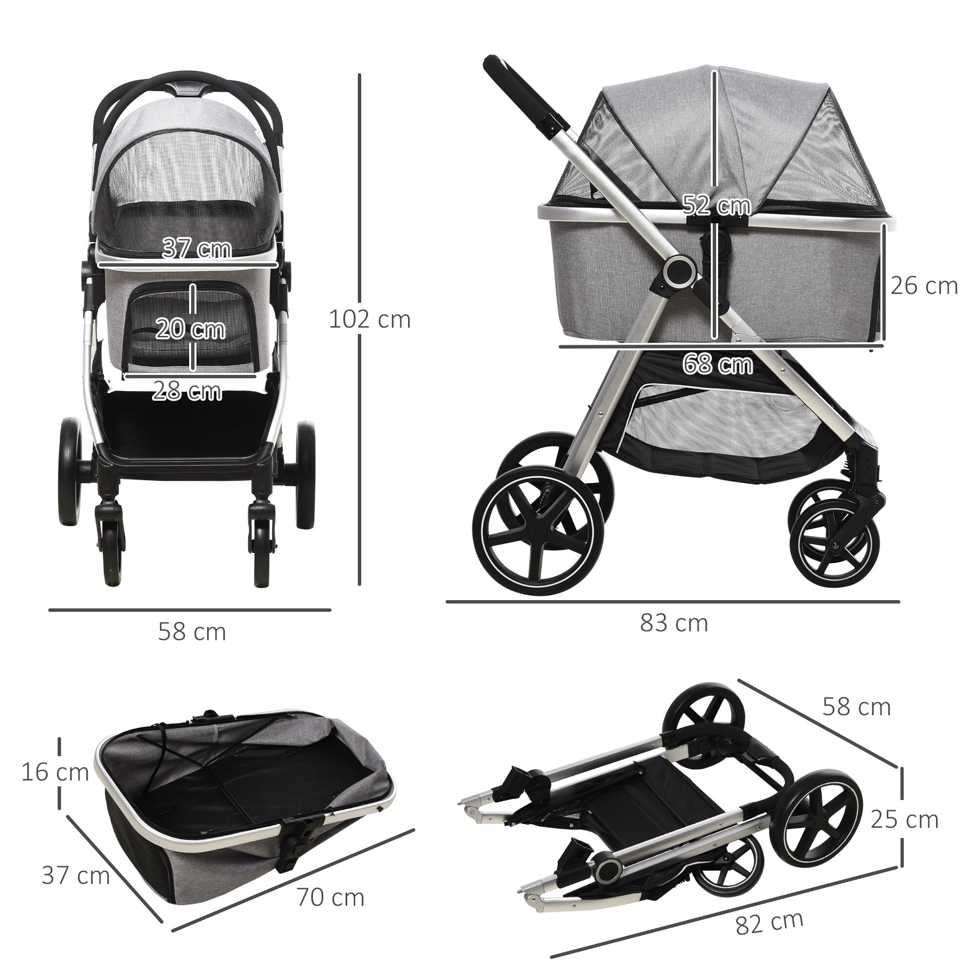 PawHut Hundebuggy mit abnehmbarem Korb schwarz 83L x 58B x 102H cm