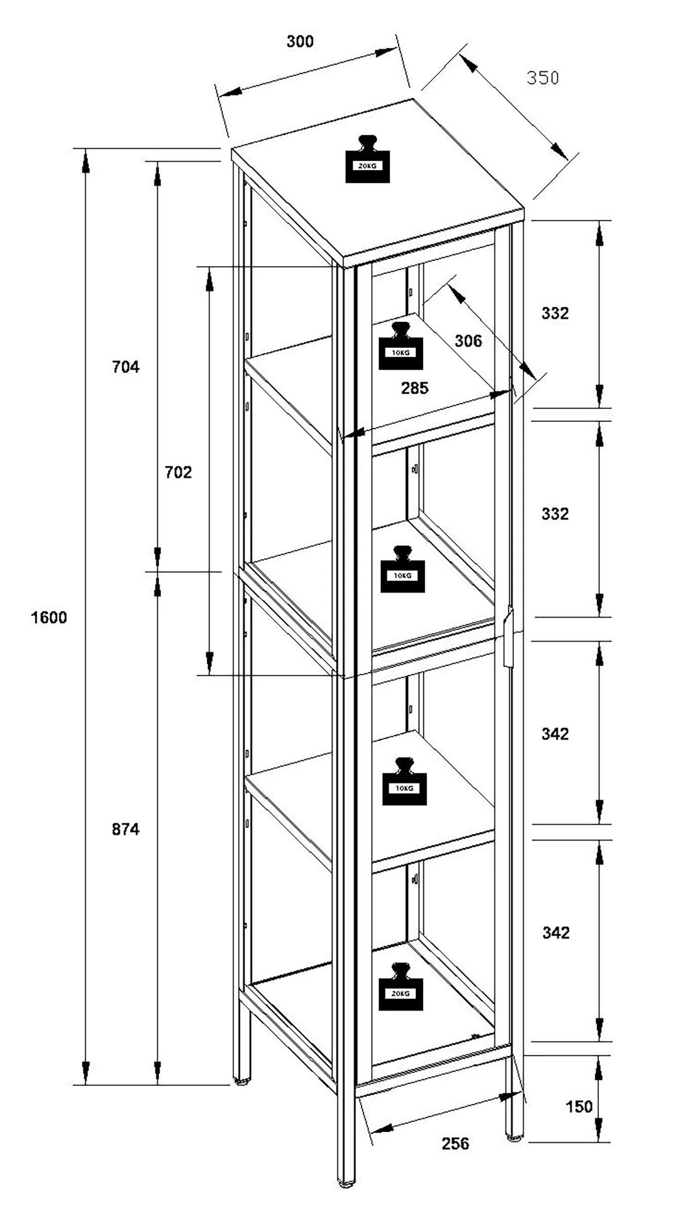 VCM Stahl Glas Vitrine Sammelvitrine Glasvitrine Schaukasten Standvitrine 160x30x35 Floka XL