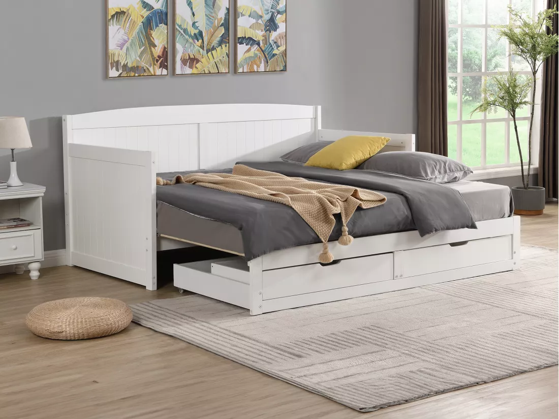 Lit gigogne banquette 90 x 190 ou 180 x 190 cm - Avec sommier peigne et tiroirs - Pin et MDF - Blanc + Matelas - DINIVA