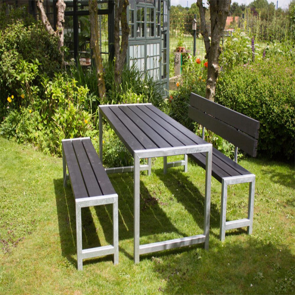 BENKESETT PLUS BORD/2 BENKER/1 RYGGSTØTTE 186CM SVART