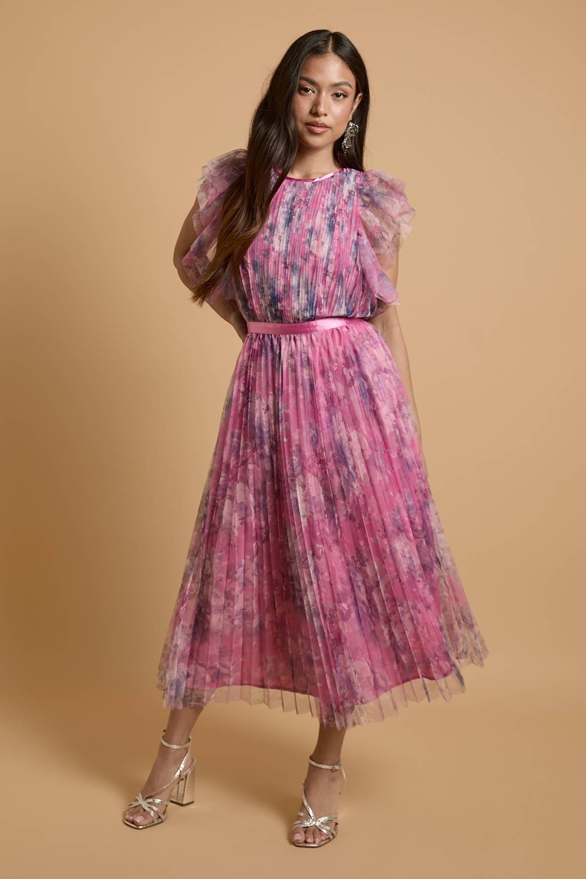 Oasis Robe Midi Plissée En Mesh Imprimé Petite Avec Manches Volantées