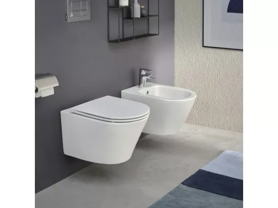 Pack WC suspendu sans bride JACOB DELAFON Rodin+ avec abattant + bâti support + plaque blanche + tabouret blanc