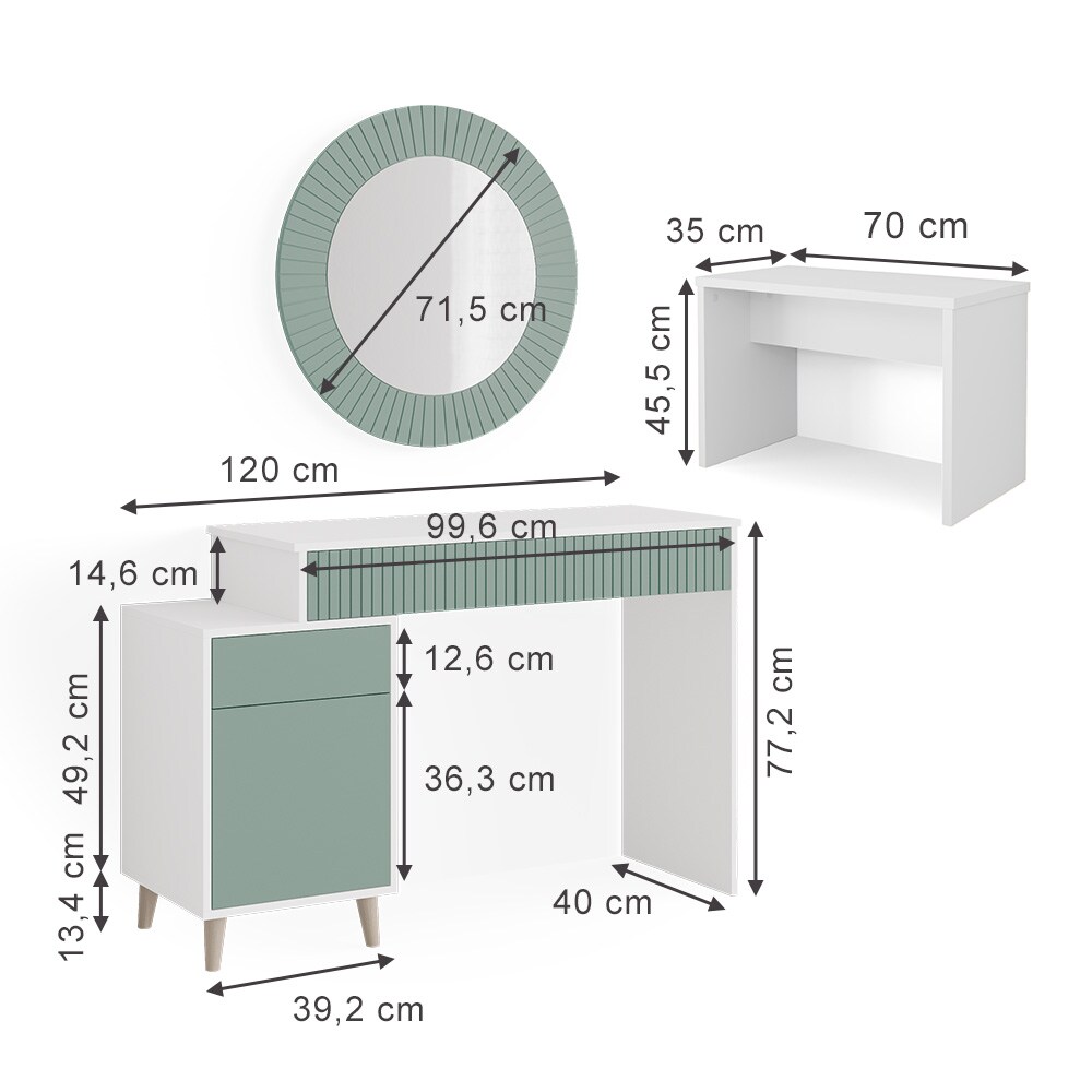Vicco Schminktisch Frisiertisch Kosmetiktisch Arles Weiß Mintgrün Schminkspiegel Bank 120x77 cm Skandi Schlafzimmerkommode Schminkkommode Schublade Ablage Aufbewahrung Frisierkommode Make-Up-Tisch