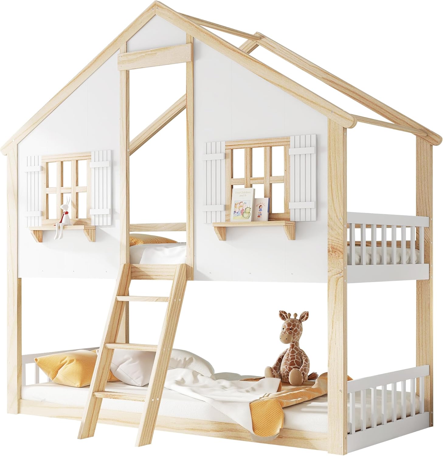 Etagenbett Kinderbett 90x200, Hochbett Hausbett für 2 Kinder, Stockbett mit Leiter&Fenstern&Dach&Regalen, Doppelbett Holzbett Jugendbett mit Lattenrost&Rausfallschutz, Kiefer, Ohne Matratze,Weiß+Natur