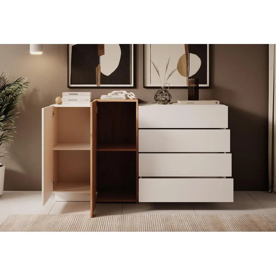 Meubella - Dressoir Three - Wit - Eiken - 160 cm