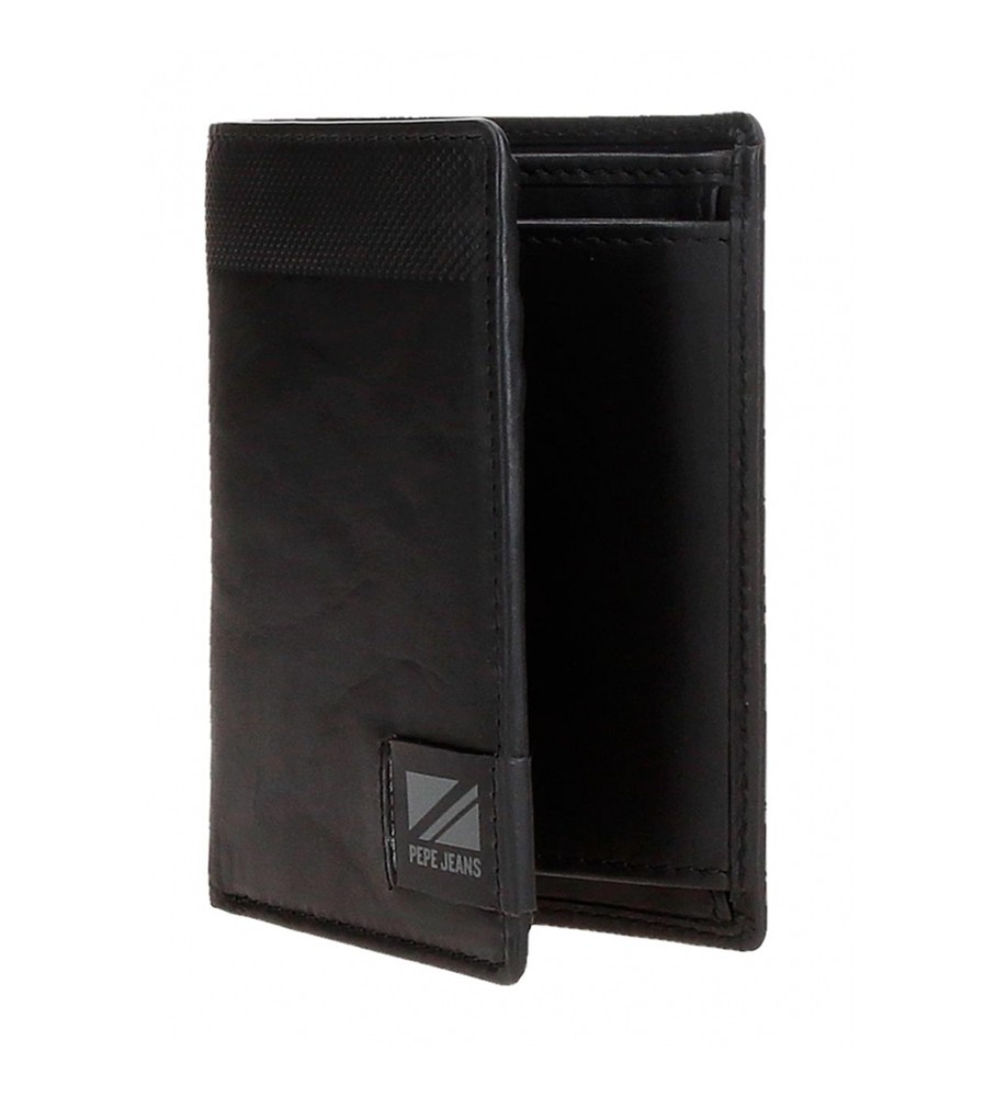 Carteira vertical Pepe Jeans Topper em couro com porta-moedas, preta.