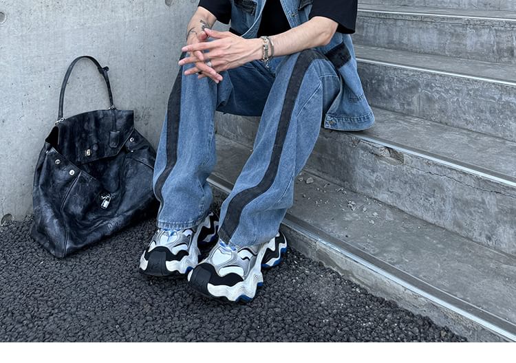Naideth - Hoge taille, tweekleurige wijde pijpen jeans / vest met knoopjes / set