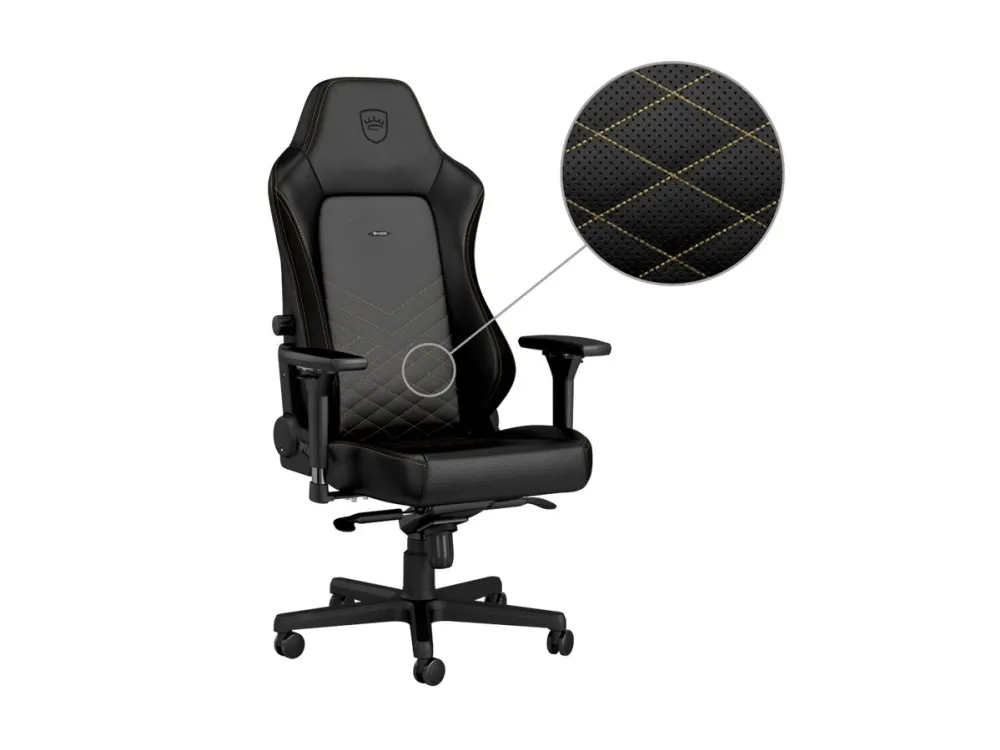 Noblechairs Hero - Stol - ergonomisk - armstøtter - T-formet - vippe - drejeled - aluminium, polyurethan, stål, memory foam, polyuretan vegan falsk læder - sort, guld