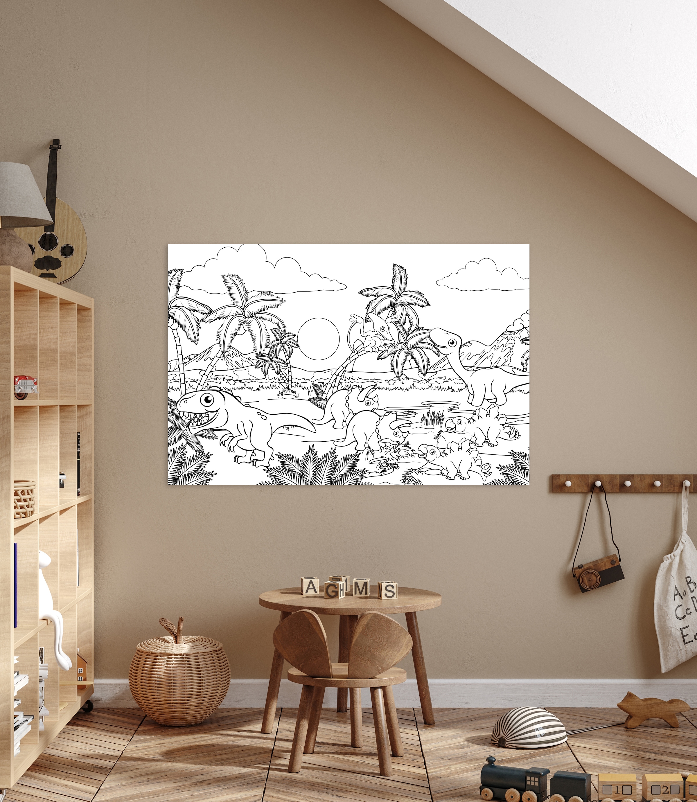 queence Bild »Dinosaurier und Palmen« Baum | Baumbilder | Blätter | Bäume | Dinosaurier | Figuren | Mädchen | Märchenbilder | klassische Fantasie 1 Stk. tlg. DIY Wandbild aus Dibond
