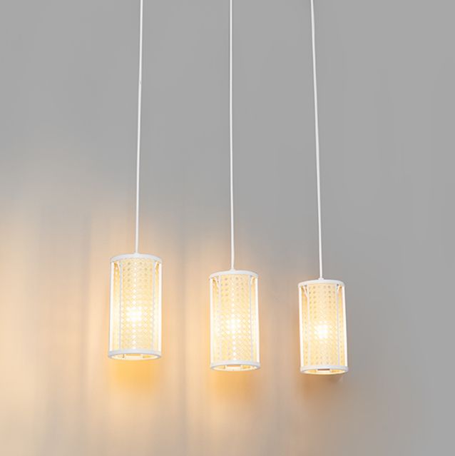 Oosterse hanglamp wit met rotan 3-lichts langwerpig - Akira