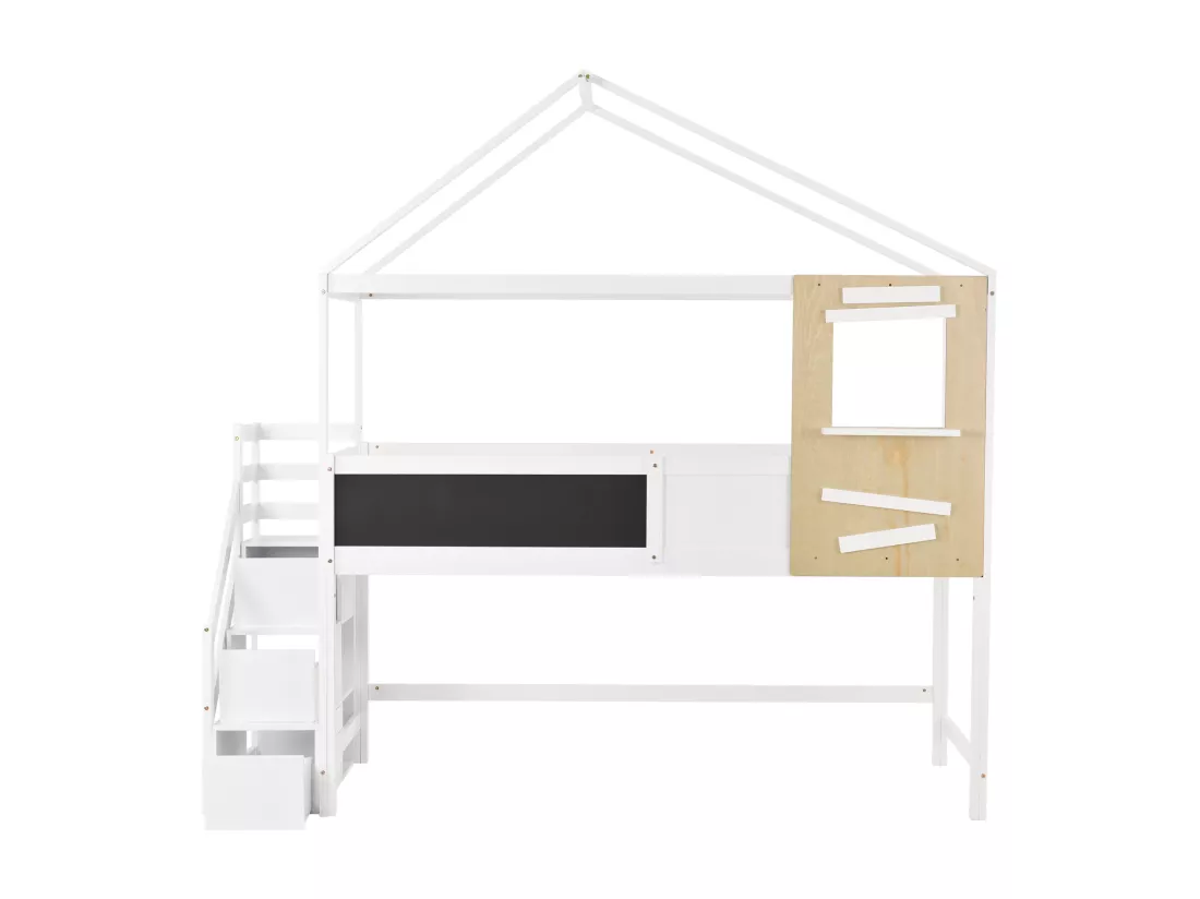 Lit cabane enfant,90x200cm,avec escalier,avec tiroirs et barrière de protection,fille,garçon,cadre en bois massif,blanc