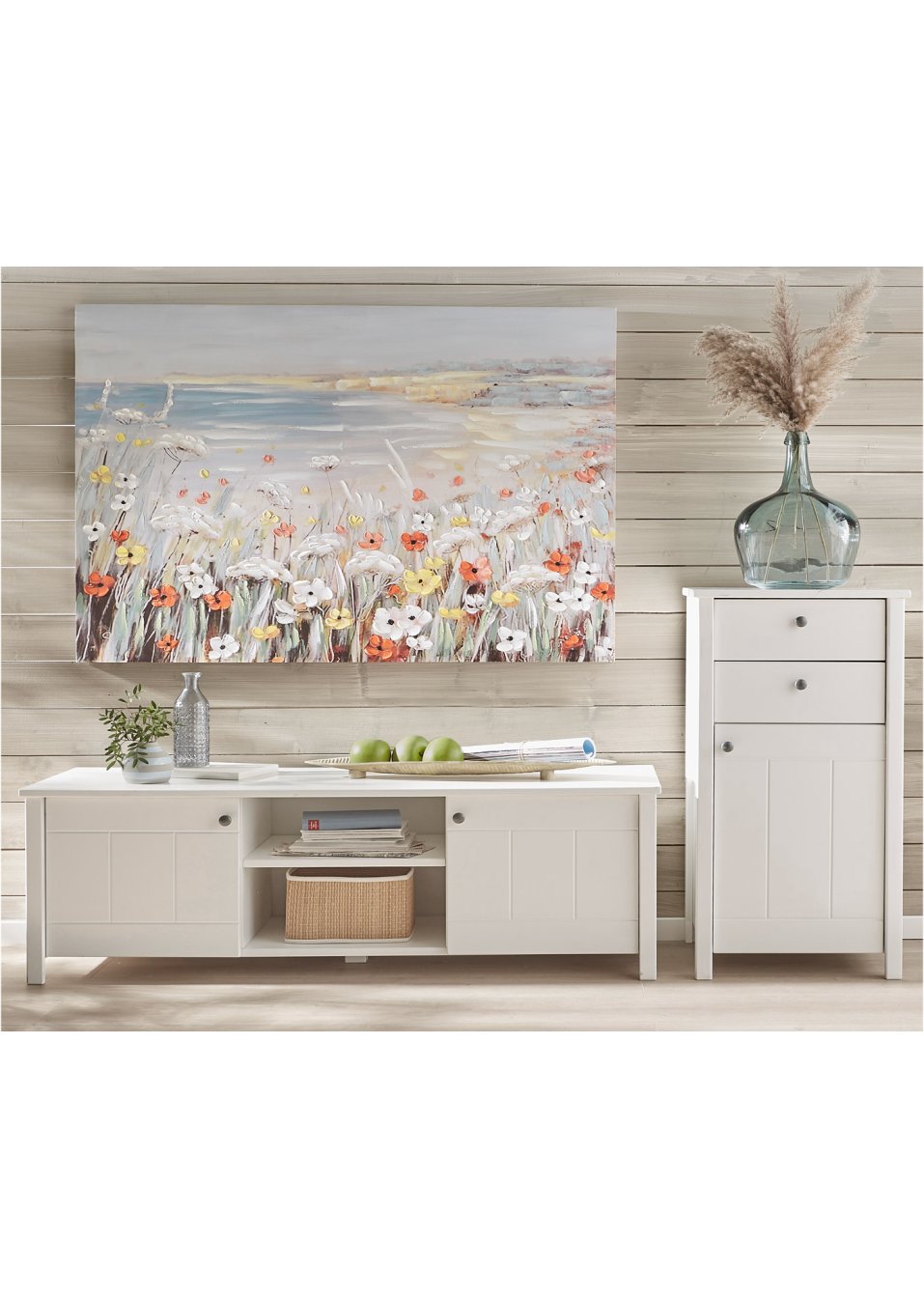 Schilderij met bloemen en zee