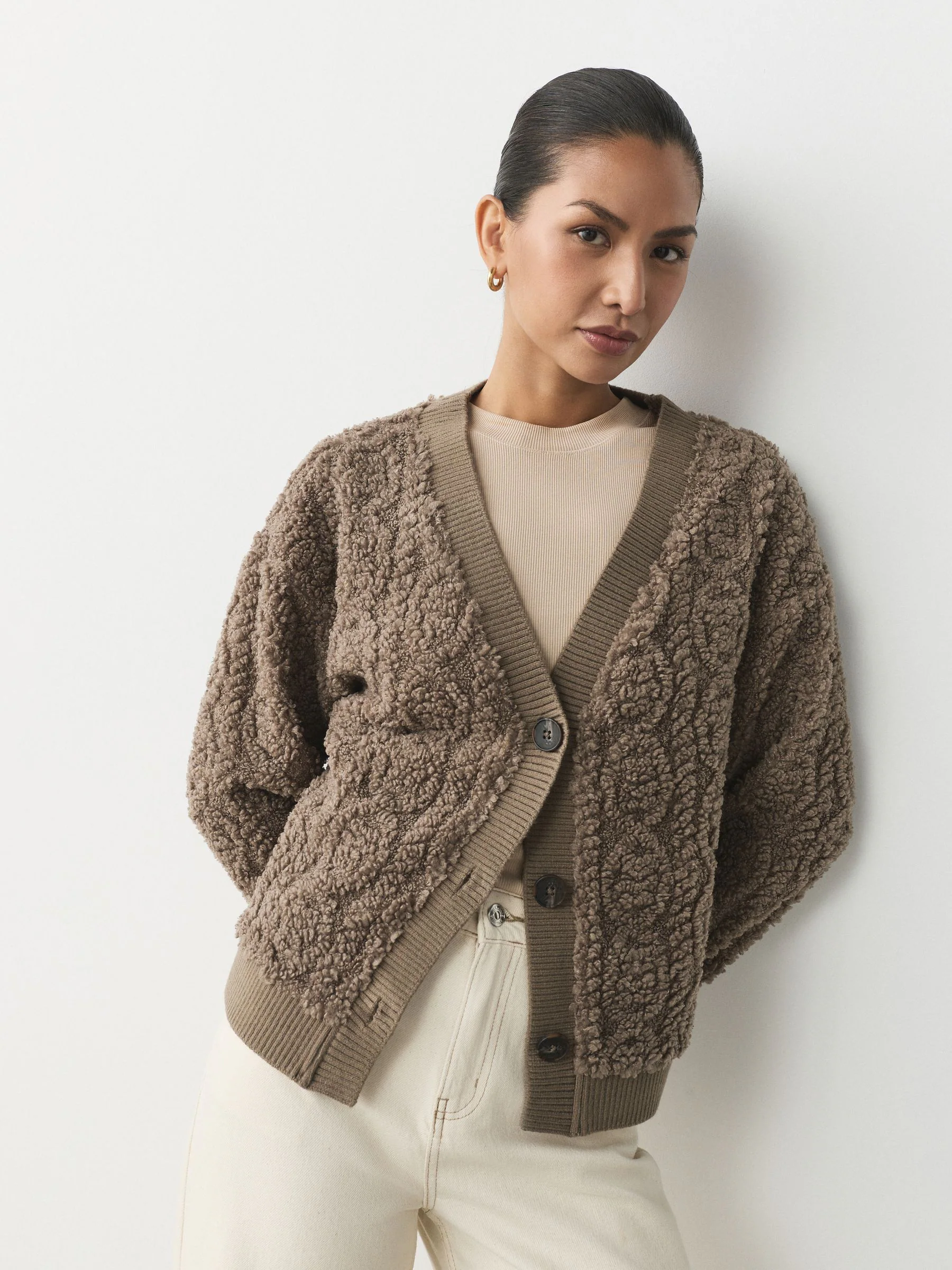 Chocolate Mocha Brown - Fluffy Borg Cable Button Through Cardigan Fleece
