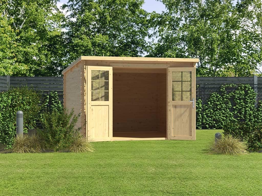 Holz Gartenhaus Blockbohlenhaus CA2975 | Wandstärke 28 mm | Naturbelassen | B x T x H: 298 x 309 x 203 cm | Doppeltür Mit Echtglas