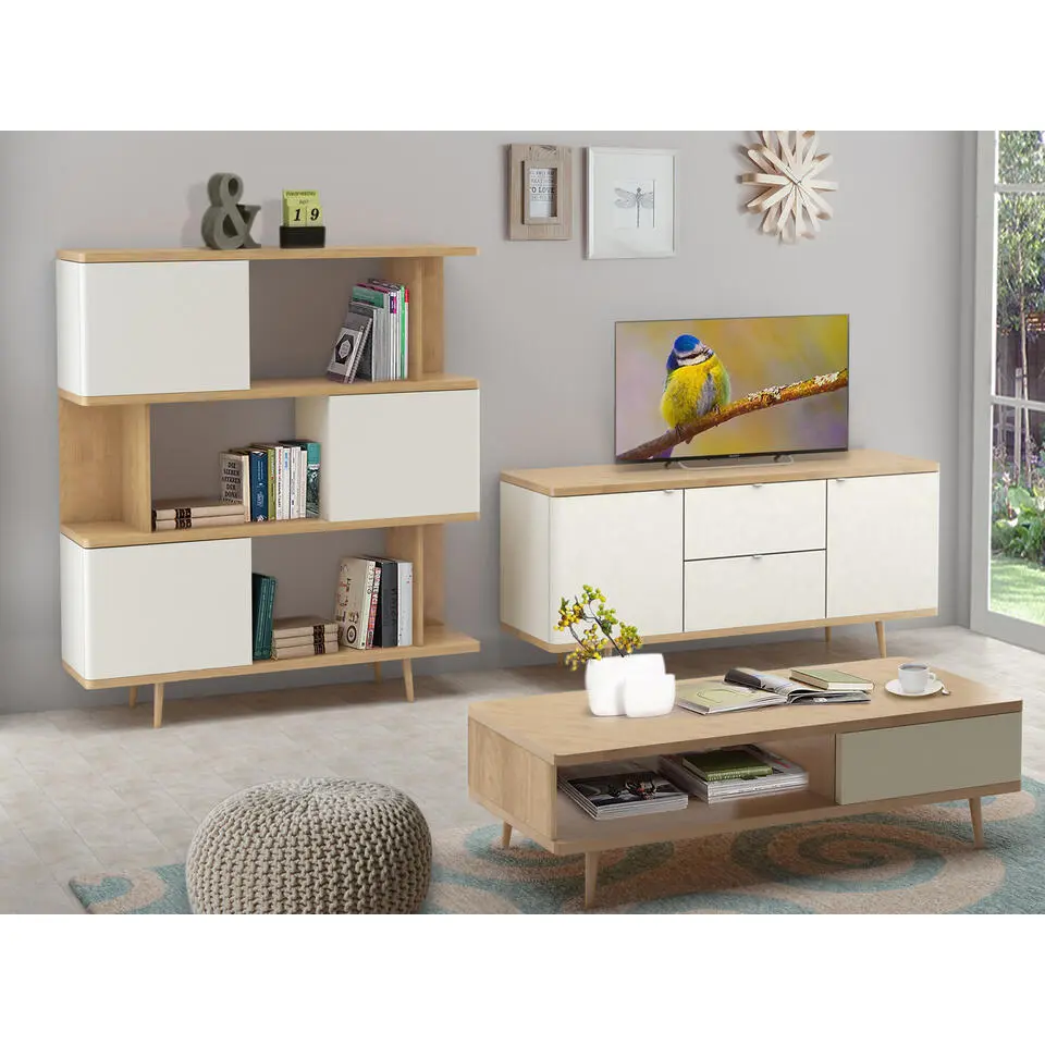 Alandra - Boekenkast met 3 deuren in eikenlook / crème wit