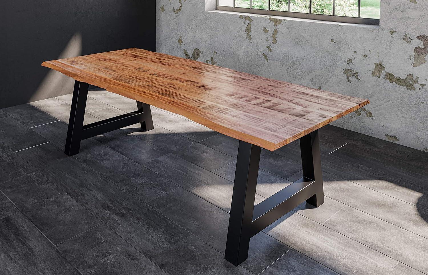 SAM Esstisch Dora 180 x 90 cm, Mangoholz massiv, lackiert & naturfarben, Baumkantentisch mit A-Metallgestell in Mattschwarz, echte Baumkante, 26 mm