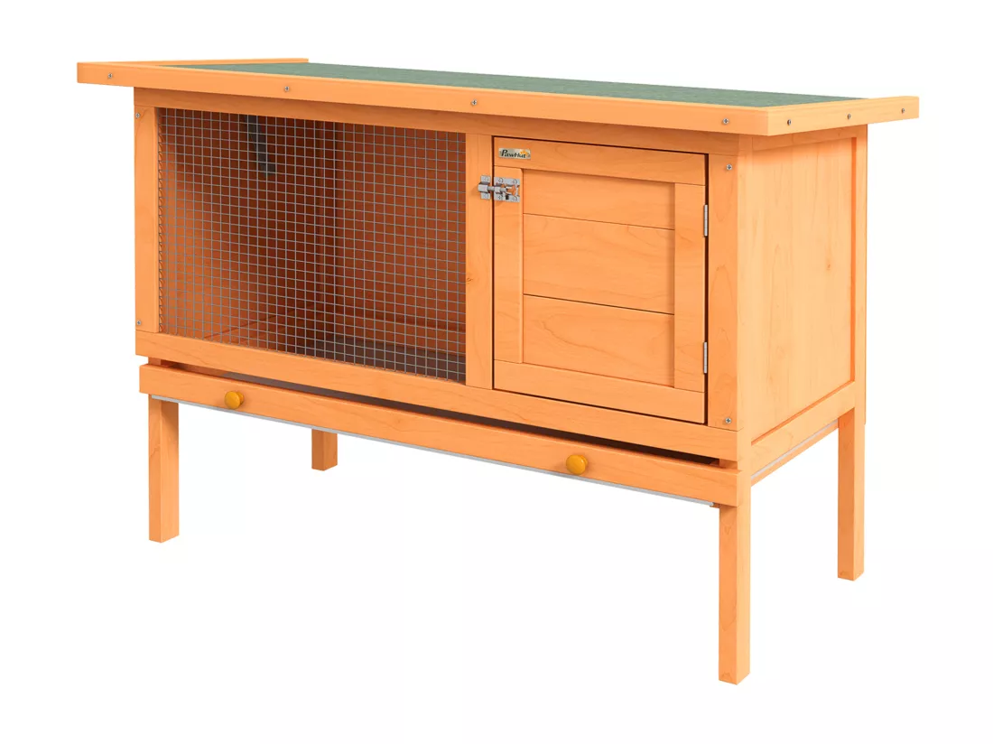 Clapier sur pieds cage à lapin plateau excrément coulissant porte verrouillable fenêtre grillagée toit lino vert bois de sapin lasuré