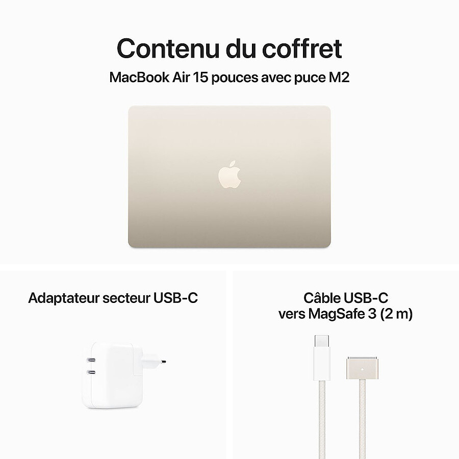 Apple MacBook Air M2 15 pouces (2023) Lumière stellaire 8Go/256 Go (MQKU3FN/A) · Reconditionné