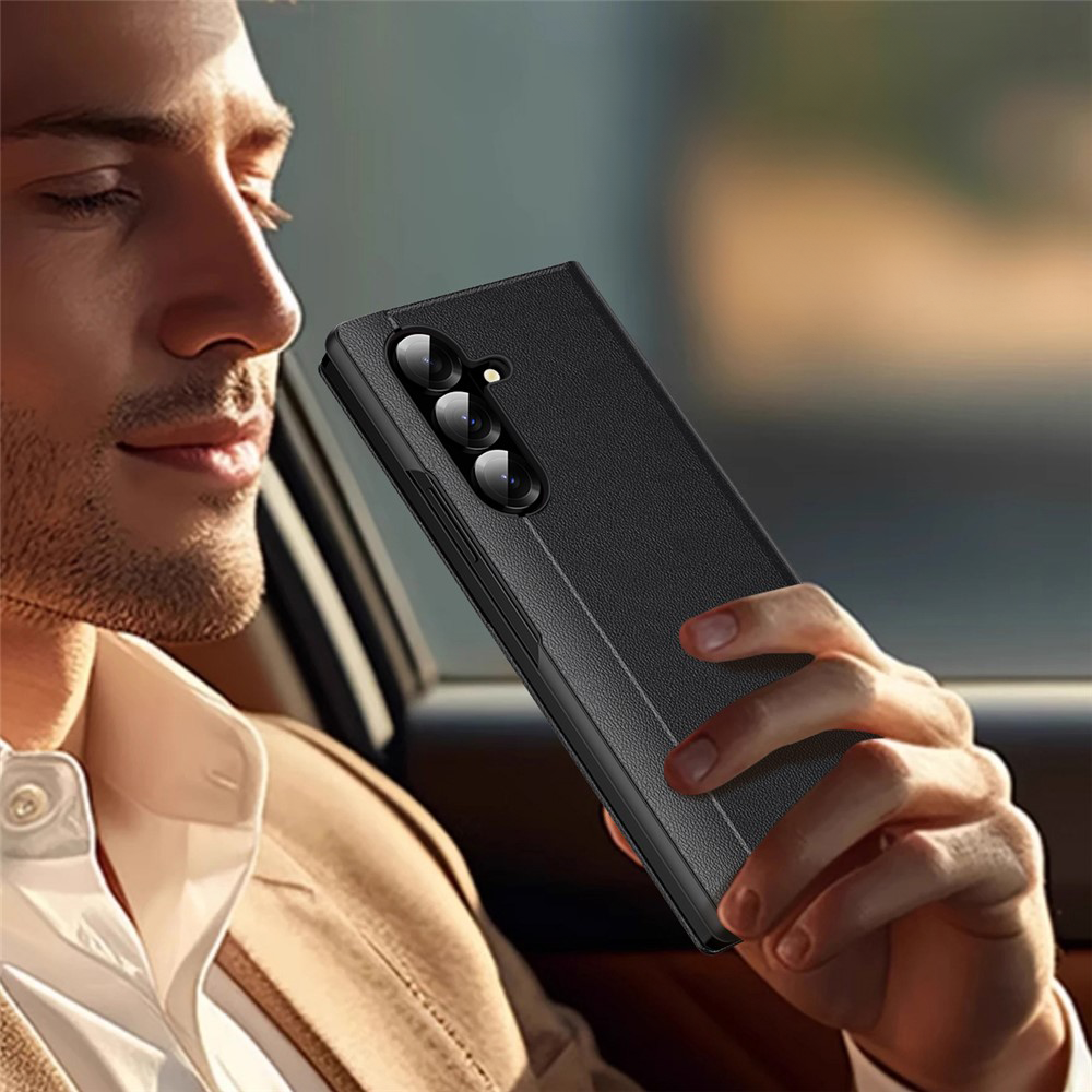 Samsung Galaxy Z Fold7 Leder Hülle Small Window View Flip Case Litchi Look - Schwarz