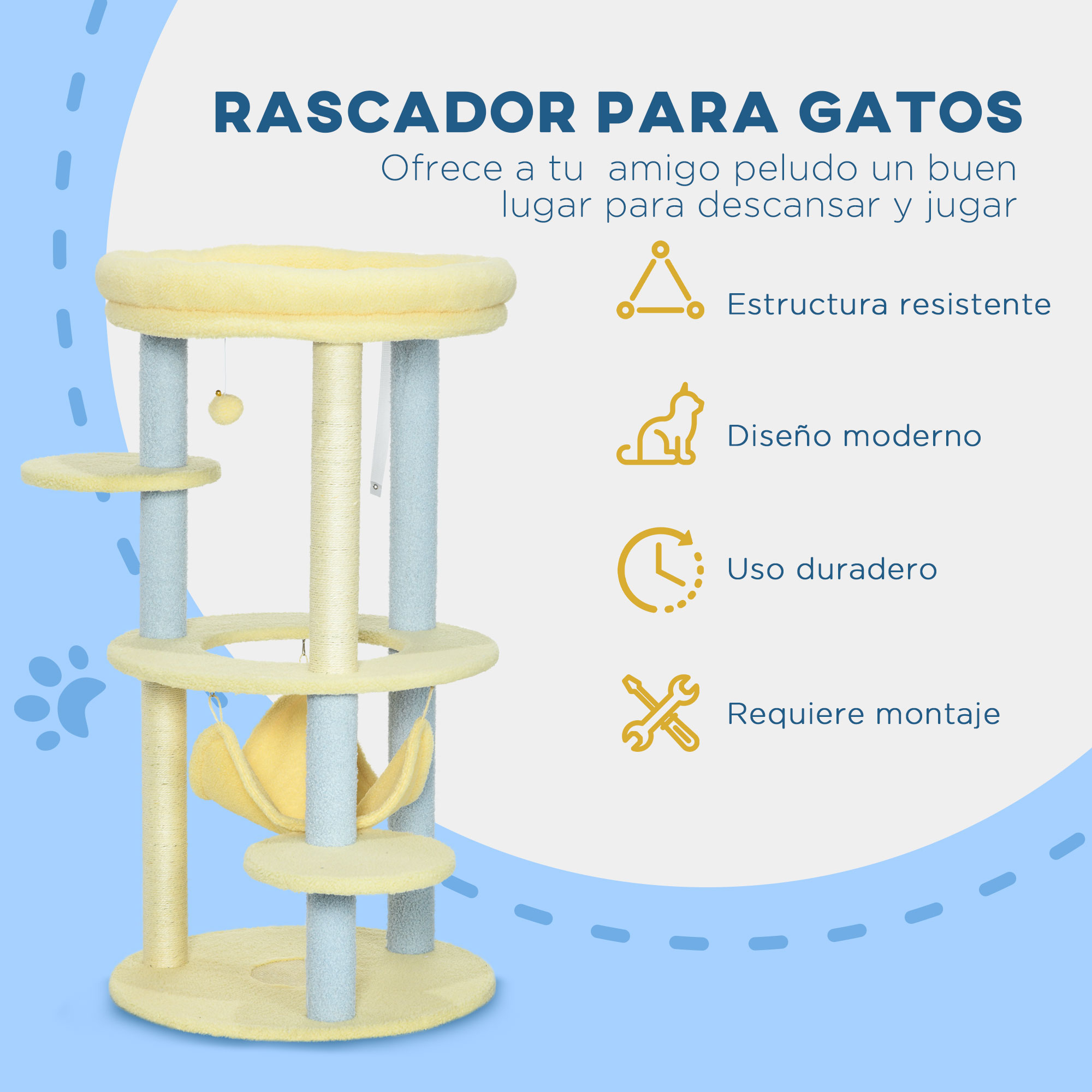Arranhador PawHut tamanho médio para gatos, 110 cm, torre para gatos, centro de atividades para gatinhos com rede, poste de sisal e bola pendurada, Ø58x110 cm, amarelo e azul.