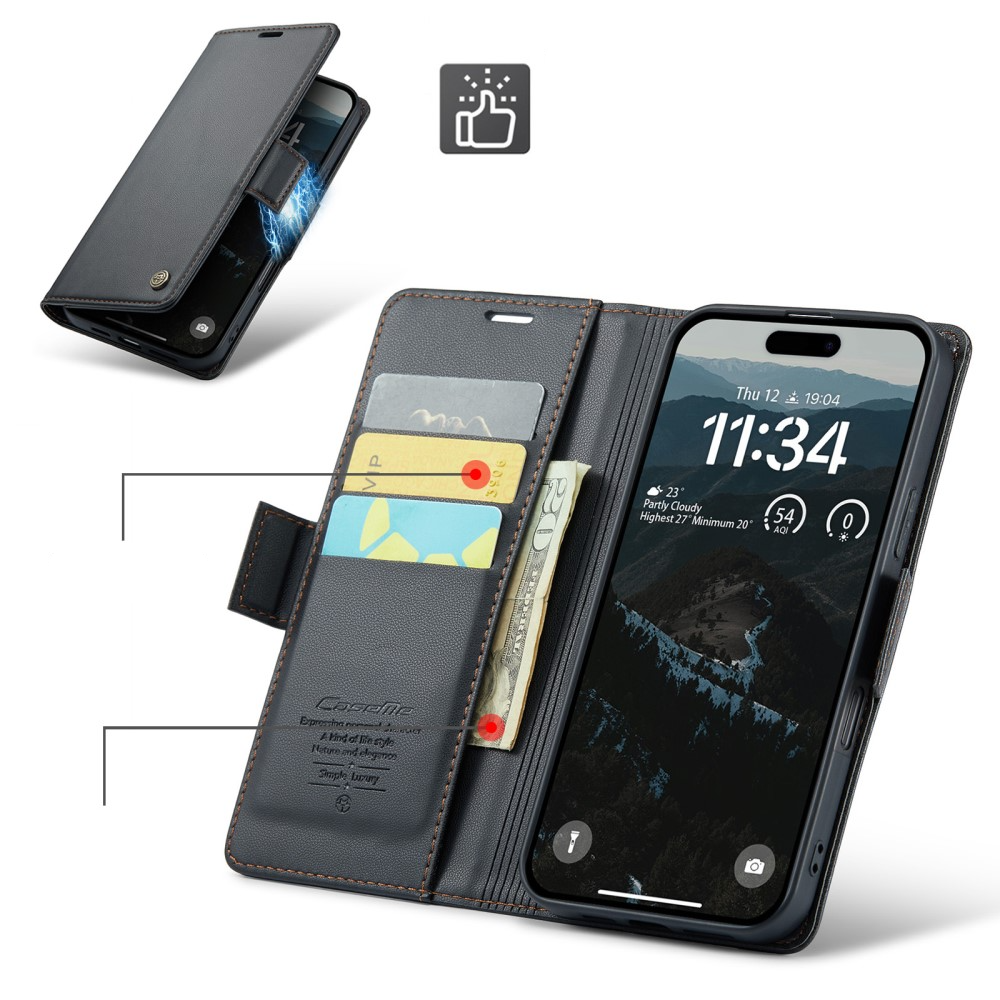 iPhone 16 Leder Tasche Flip Wallet Etui mit Kartenfächern Litchi Look (RFID Schutz) - Schwarz