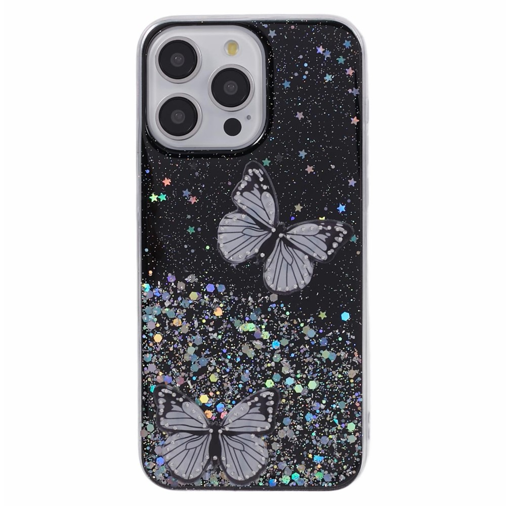iPhone 16 Pro Max Hybrid Hardcase Schutzhülle im Glitzer Design Schmetterling - Schwarz / Transparent