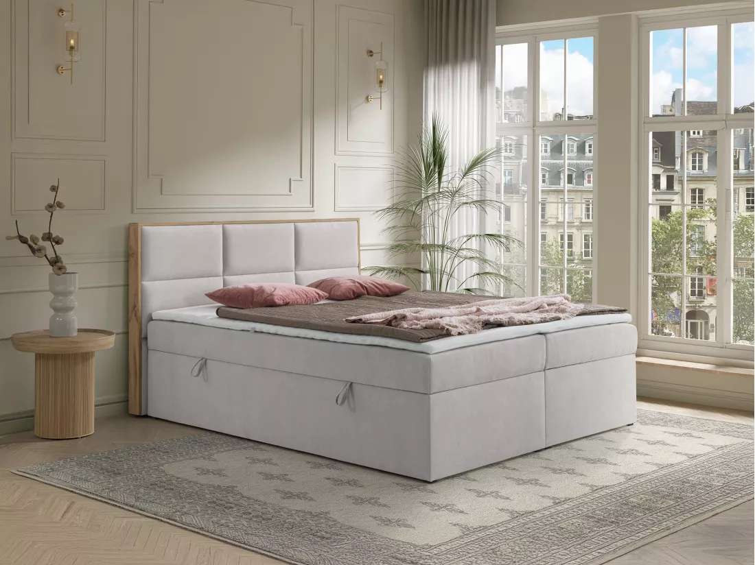 Ensemble complet literie déco tête de lit encadré bois + sommiers coffre + matelas + surmatelas - 180 x 200 cm - Tissu - Gris clair - SIAKI de YSMÉE