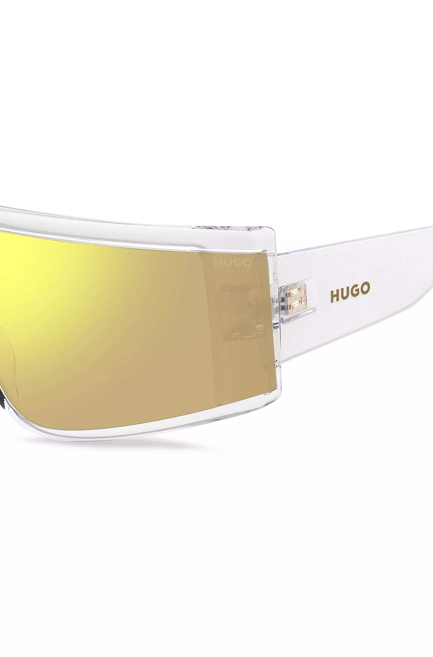Óculos de sol HUGO em acetato vermelho e transparente com máscara amarela.