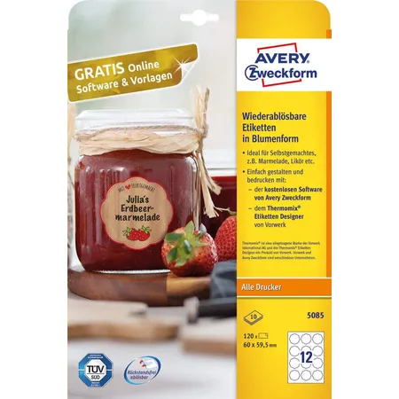 Avery Zweckform 5085 Wiederablösbare Etiketten in Blumenform,A4 60 x 59,5 mm, 10 Bogen/120 Etiketten, weiß